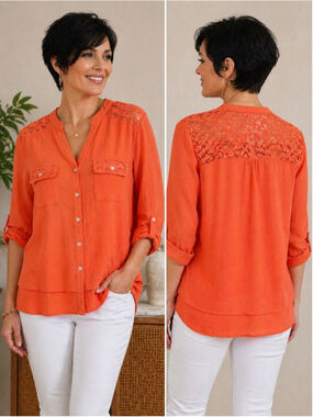 Notations Coral Lace Blouse Size Large Button Front Roll Tab Sleeve Lightweight